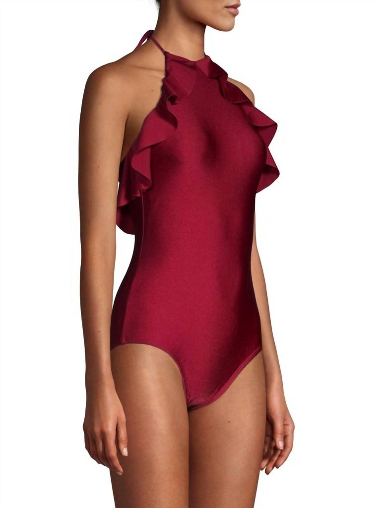 Ruffle Halter One Piece Swimsuit In Syrah