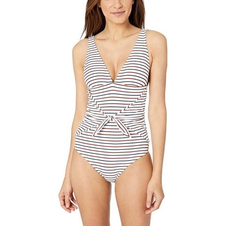 Sport Stripe Rib Tie Waist One Piece In White Multi - White Multi