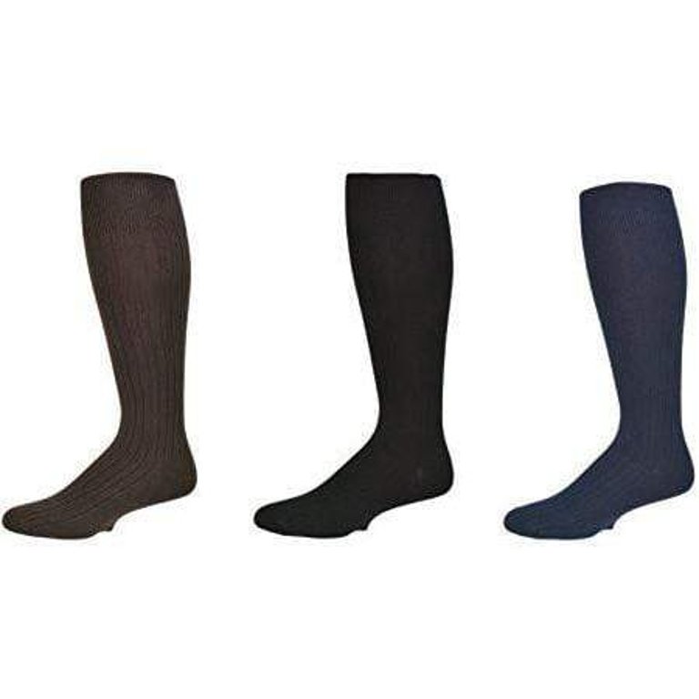 Classic Fine Ribbed Premium Over the Calf Combed Cotton Socks 3 pair pack - Assorted (Navy/Black/Brown)