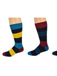 Combed Cotton Colorful Rugby Striped Patterned Men's 3 Pr. Pack Socks - Teal/Burgundy/Olympian Blue