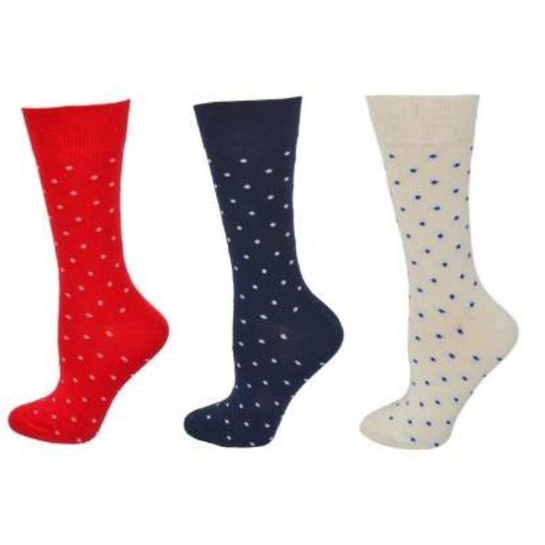 Combed Cotton Pin Dot Crew Casual Women's 3 Pr. Pack Socks - Red/Navy/Winter White