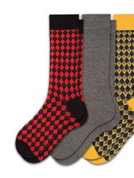 Dress Casual Combed Cotton Crew Diamond Pattern 3 Pair Pack Socks - Yellow/Gray/Red (A1)