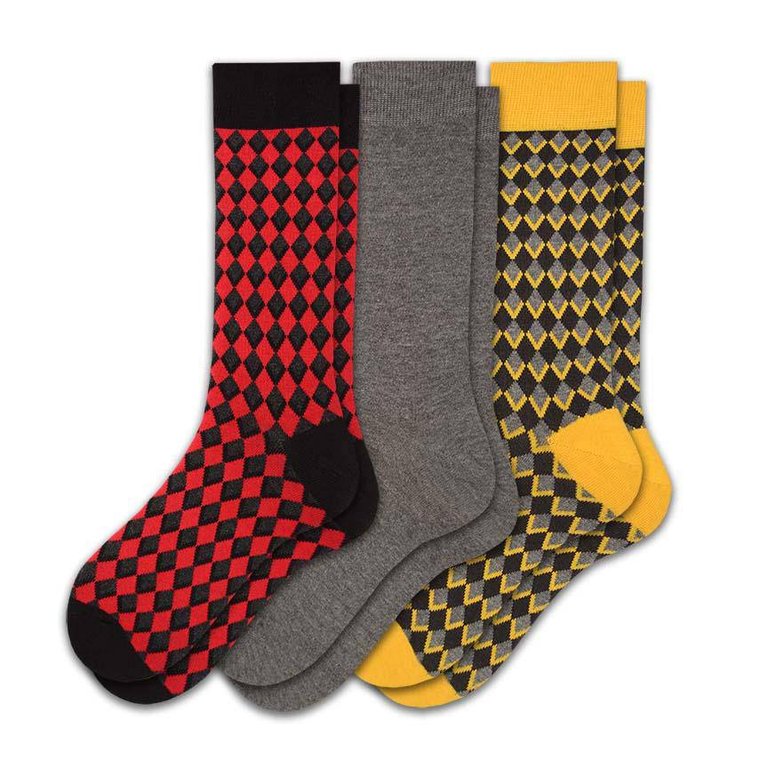 Dress Casual Combed Cotton Crew Diamond Pattern 3 Pair Pack Socks - Yellow/Gray/Red (A1)