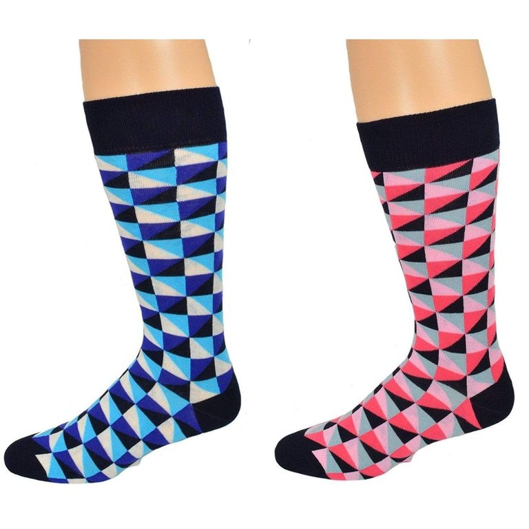 Men's Dress Casual 2 Pair Pack Combed Cotton Crew  Geometric Pattern Socks - Blue/Red