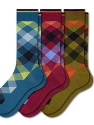 Men's Dress Casual 3 Pair Pack Combed Cotton Crew Argyle Socks - Olive/Aqua/Burgundy (Assorted 1)