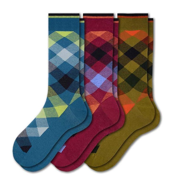 Men's Dress Casual 3 Pair Pack Combed Cotton Crew Argyle Socks - Olive/Aqua/Burgundy (Assorted 1)