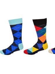 Men's Dress Casual 3 Pair Pack Combed Cotton Crew Argyle Socks - Turquoise/Black/Blue (A2)