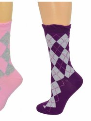 Sparkly Cotton Argyle Crew Socks - 2  Pairs - Pink, Purple
