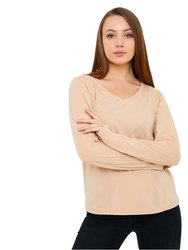 Women's V-Neck Long Sleeve T-Shirts - Sand
