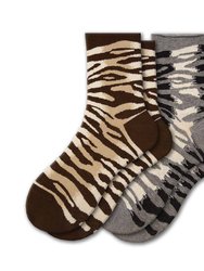 Zebra Pattern Hi Anklet Casual Cotton Women's 2 Pair Pack Socks - Brown, Gray