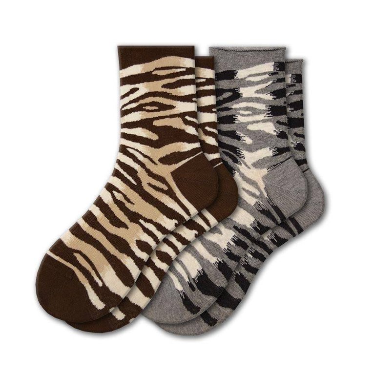 Zebra Pattern Hi Anklet Casual Cotton Women's 2 Pair Pack Socks - Brown, Gray