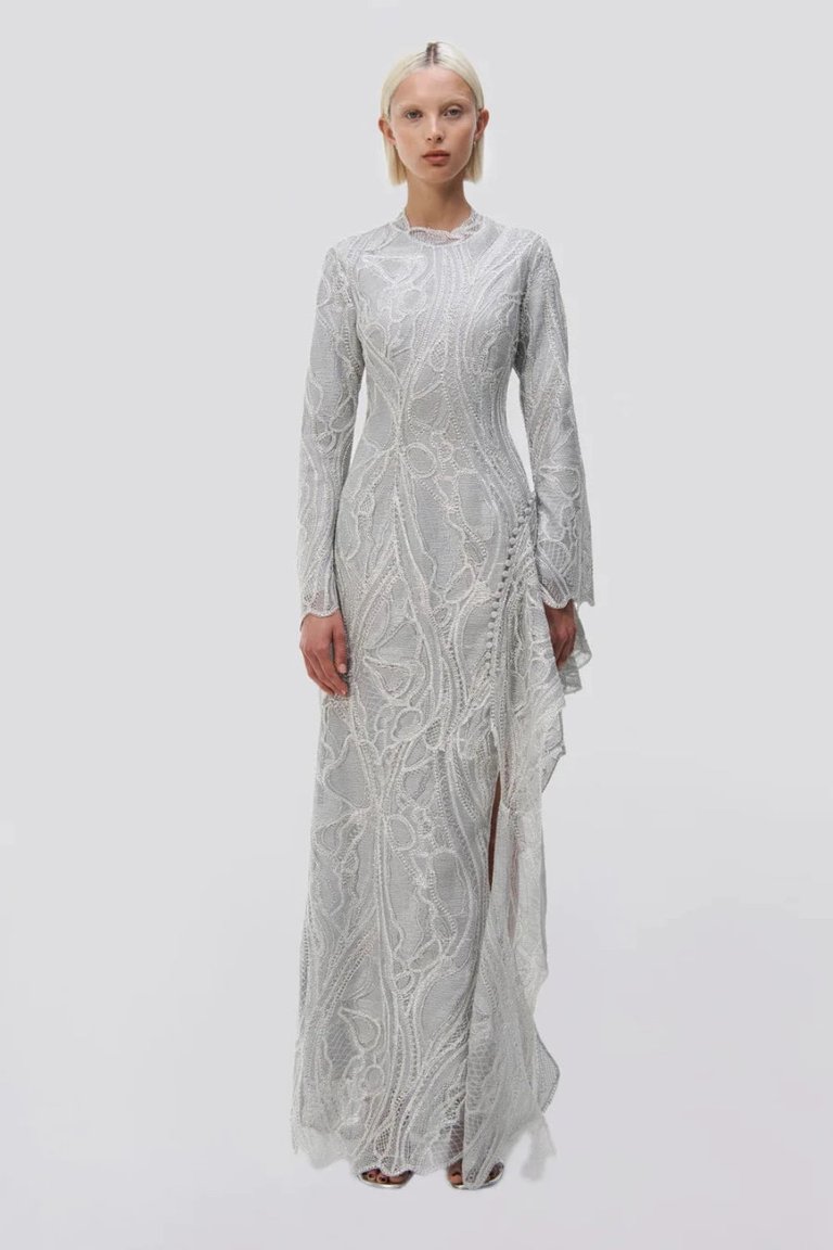 Alda Long Sleeves Cascade Gown - Silver