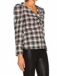 Rory Plaid Poplin Cutout Draped Shirt In Black Plaid