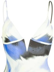 Women One Piece Swimsuit Maelle V-Neck Pull On Marina Blue Print - Blue