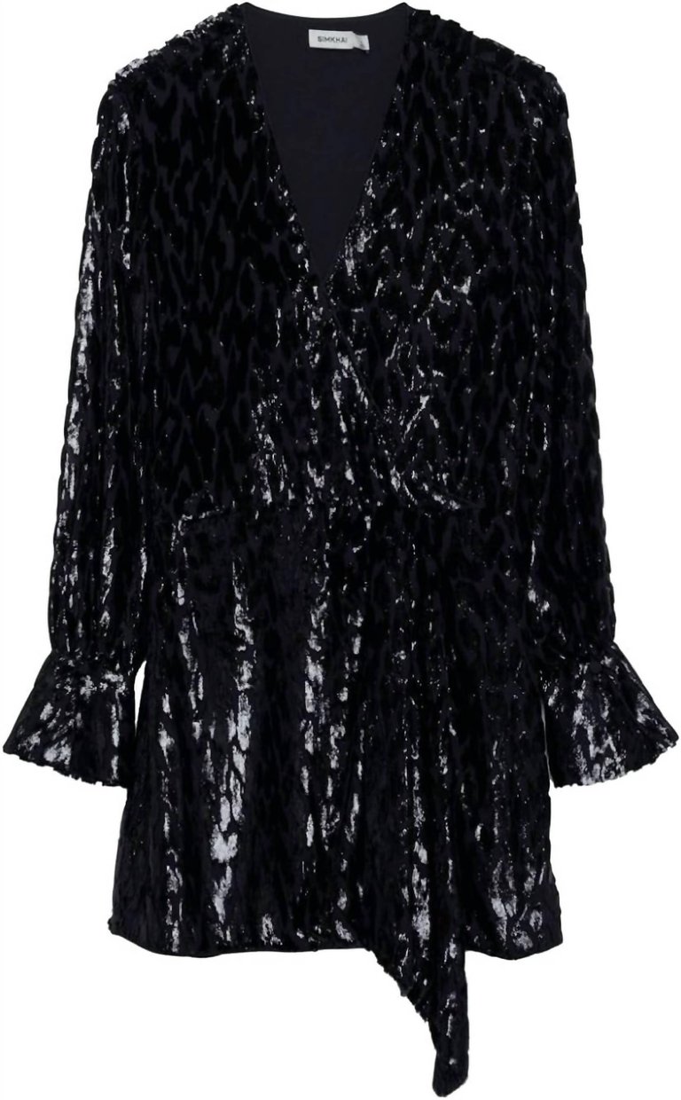 Women's Long Sleeve Metallic Jacquard Mini Dress - Black