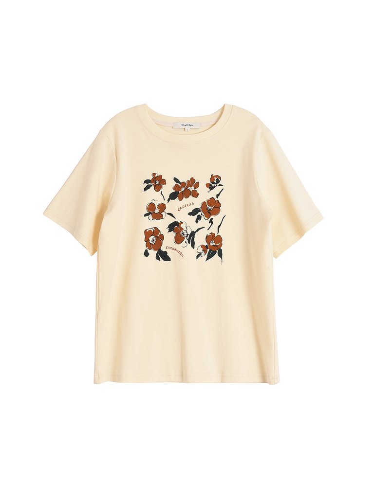 Chowxiaodou Camellia Graphic T-Shirt - Creamy Yellow