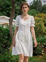 Victorian 100% Cotton Embroidery Midi Dress - White