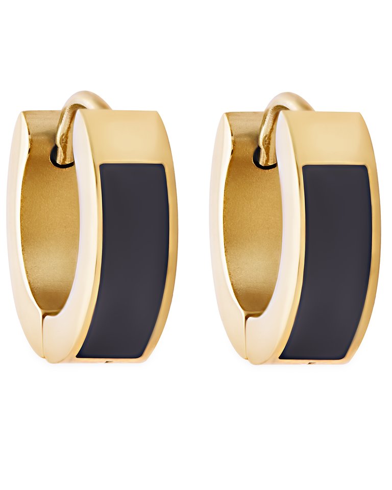 Black Enamel Huggie Hoop Earrings In 18K Gold Plated Stainless Steel - Gold, Black