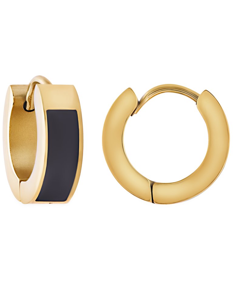 Black Enamel Huggie Hoop Earrings In 18K Gold Plated Stainless Steel