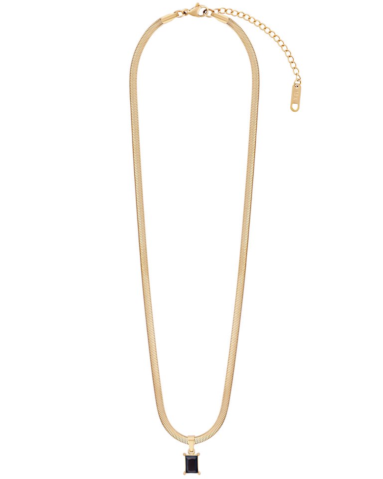 Black Stone Herringbone Chain Necklace In 18K Gold Plated Stainless Steel