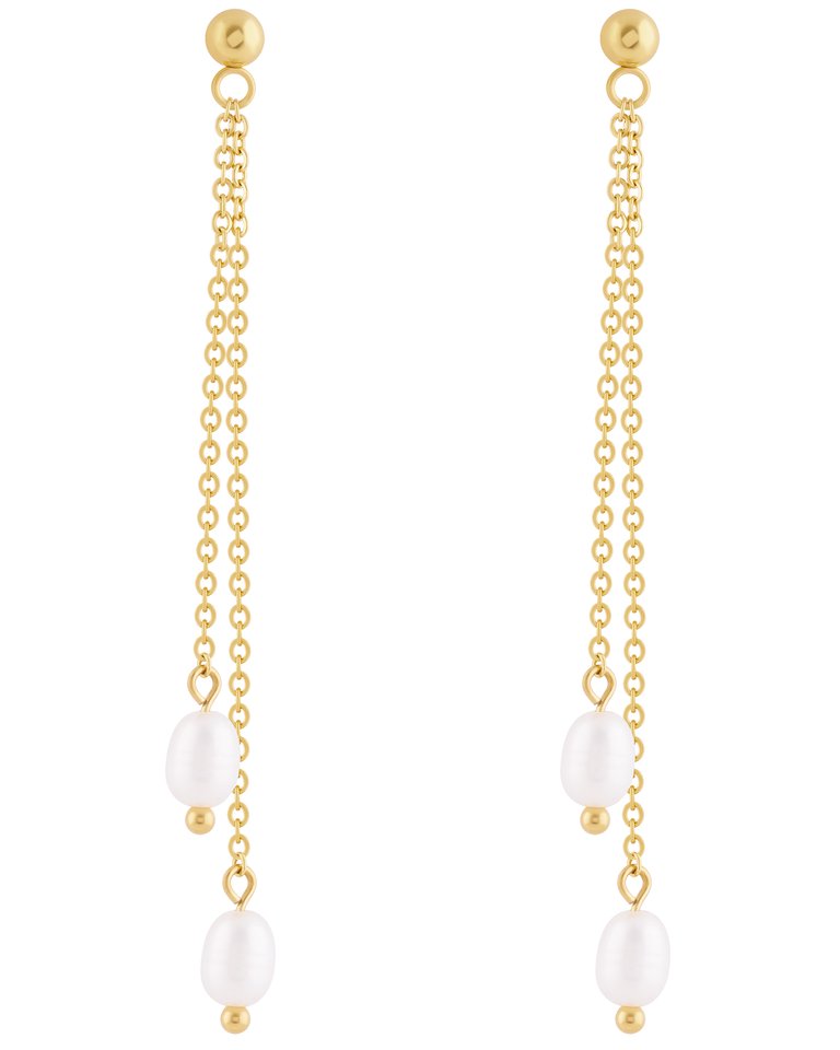 Double Drop Pearl Chain Earrings In 18K Gold Plated Stainless Steel - Gold