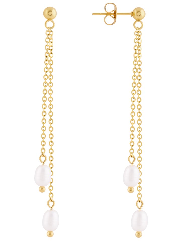 Double Drop Pearl Chain Earrings In 18K Gold Plated Stainless Steel