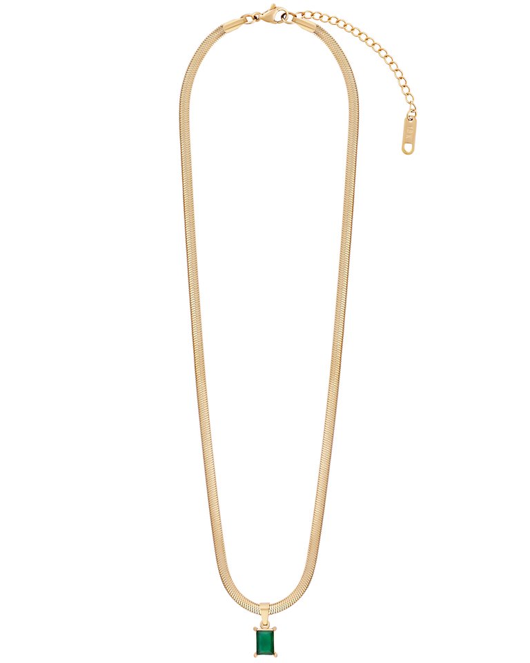 Emerald Stone Herringbone Chain Necklace In 18K Gold Plated Stainless Steel