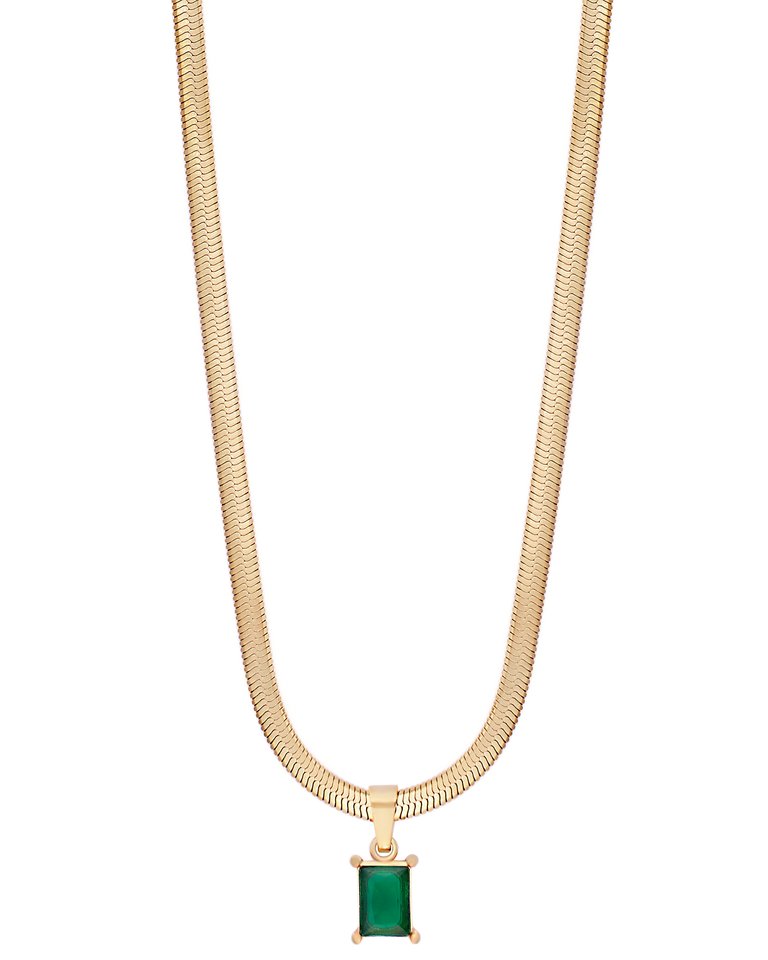 Emerald Stone Herringbone Chain Necklace In 18K Gold Plated Stainless Steel - Gold