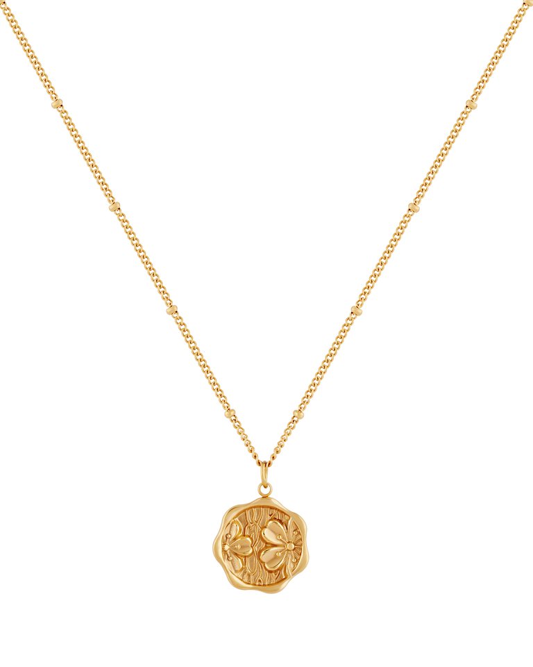 Floral Charm Bead Chain Necklace In 18K Gold Plated Stainless Steel - Gold
