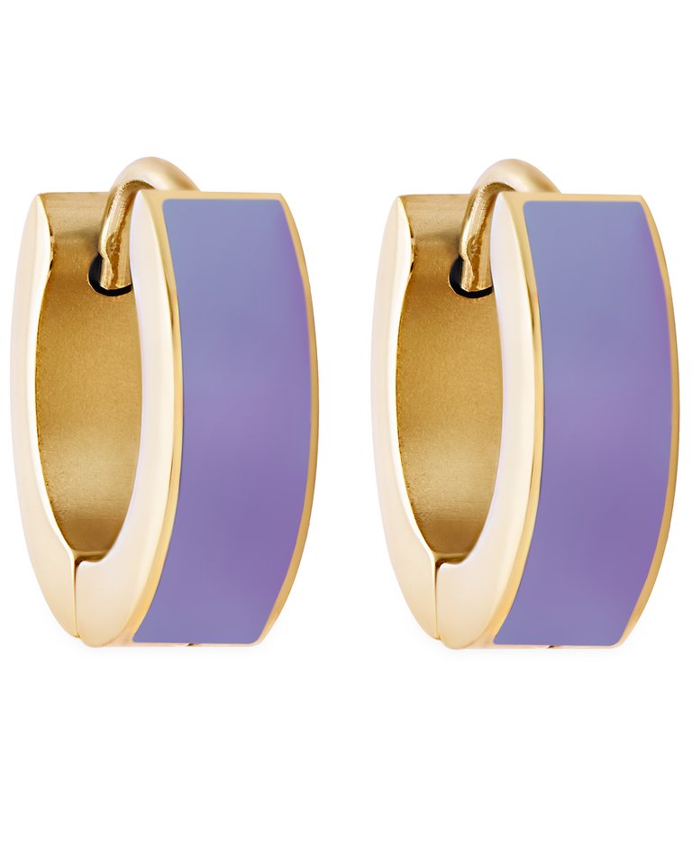 Lilac Enamel Huggie Hoop Earrings In 18K Gold Plated Stainless Steel - Gold, Lilac