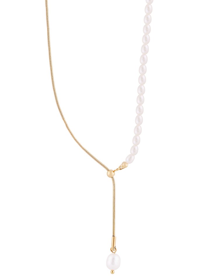 Long Pearl Fushion Drop Necklace In 18K Gold Plated Stainless Steel - Gold