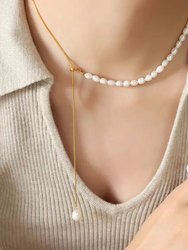 Long Pearl Fushion Drop Necklace In 18K Gold Plated Stainless Steel
