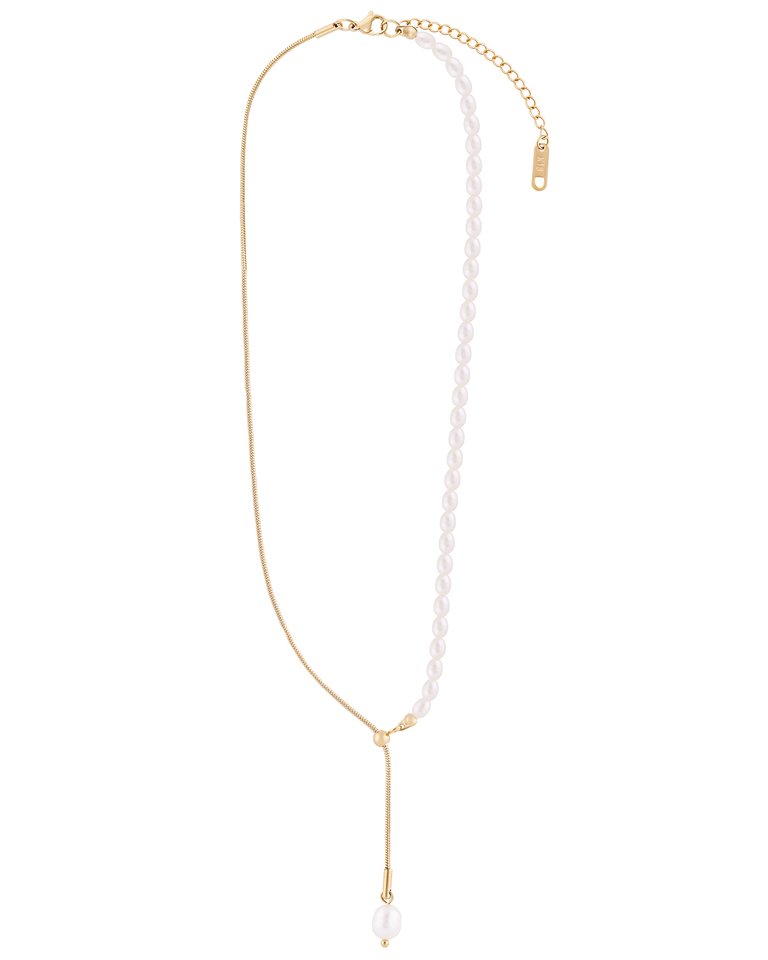 Long Pearl Fushion Drop Necklace In 18K Gold Plated Stainless Steel
