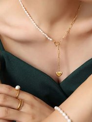 Long Pearl Heart Pendant Necklace In 18K Gold Plated Stainless Steel