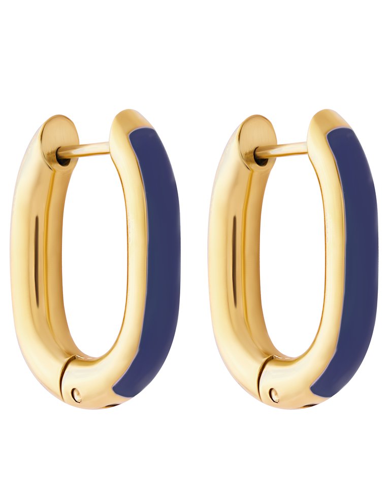 Navy Enamel U Hoop Earrings In 18K Gold Plated Stainless Steel - Gold, Blue, Navy