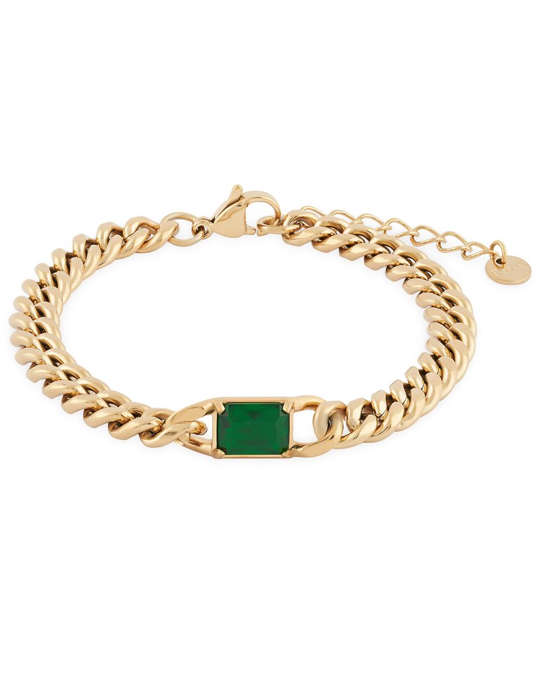 Opulence Chunky Emerald Baguette Stone Bracelet In 18K Gold Plated Stainless Steel - Gold, Green