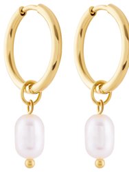 Pearl Drop Hoop Earrings In 18K Gold Plated Stainless Steel - Gold