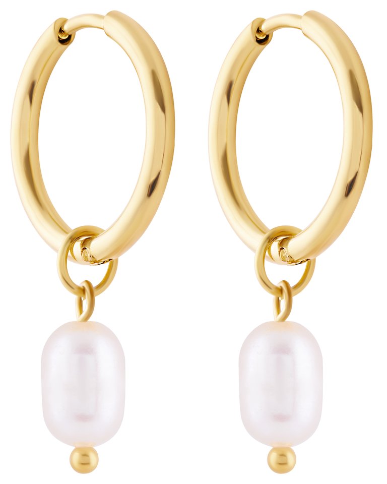 Pearl Drop Hoop Earrings In 18K Gold Plated Stainless Steel - Gold