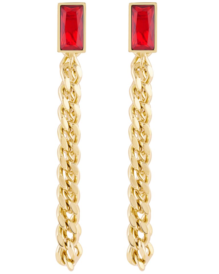 Ruby Baguette Chain Earrings In 18K Gold Plated Stainless Steel - Gold, Red, Ruby