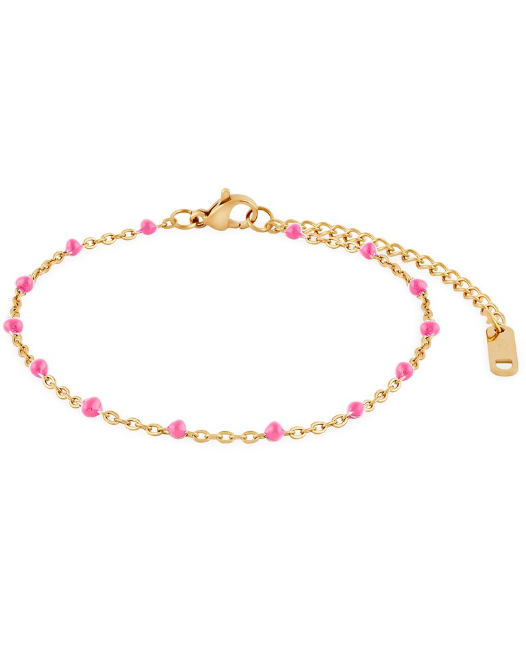 Spirited Boho Fuchsia Pink Enamel Bracelet In 18K Gold Plated Stainless Steel - Gold, Fuchsia Pink