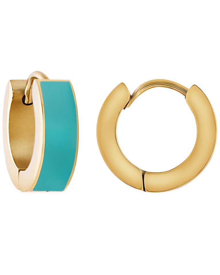 Turquoise Enamel Huggie Hoop Earrings In 18K Gold Plated Stainless Steel