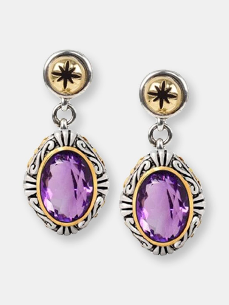 Sterling Silver Post Amethyst Earrings (Two Tone) - Amethyst