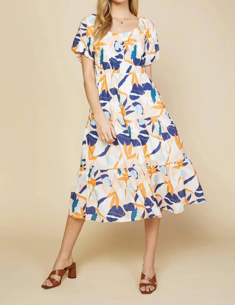 Abstract Botanical Midi Dress In Tangerine Navy