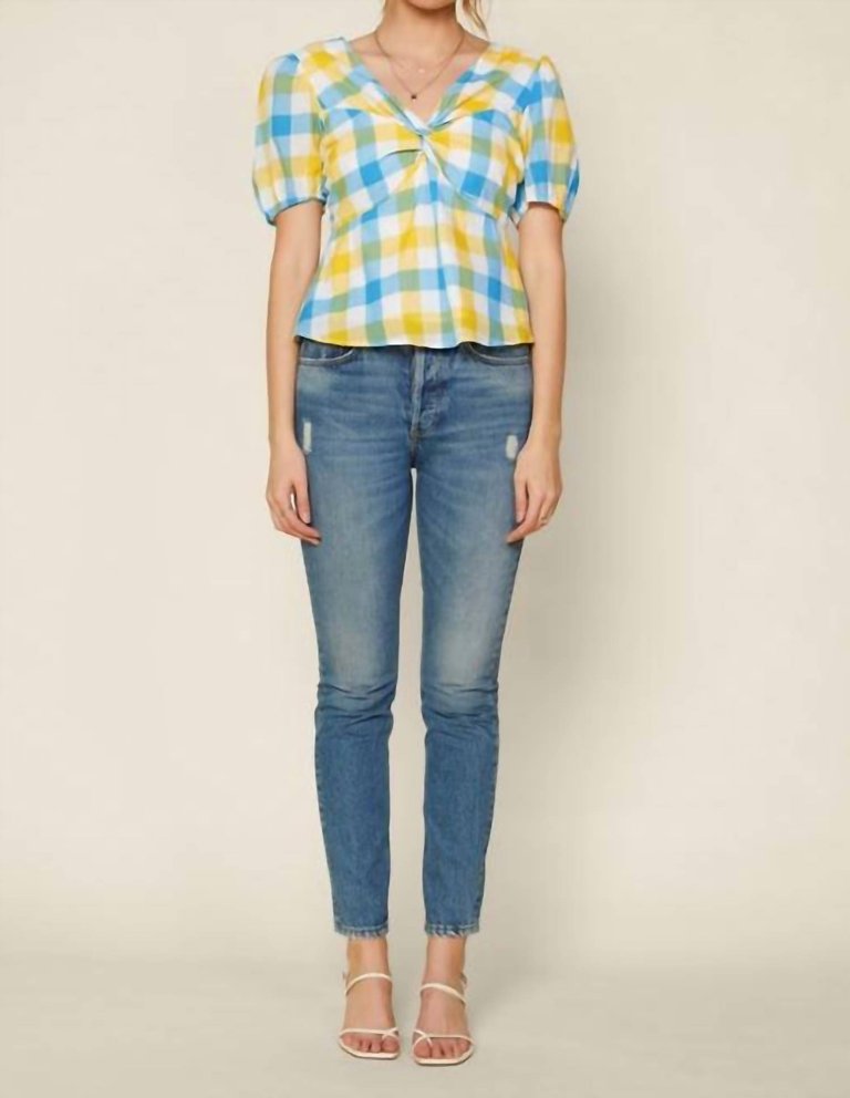 Gingham Peplum Blouse In Yellow, Blue And White - Yellow, Blue And White