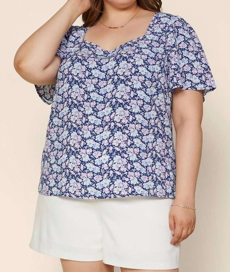 Navy And Lavender Fields Top In Blue Floral