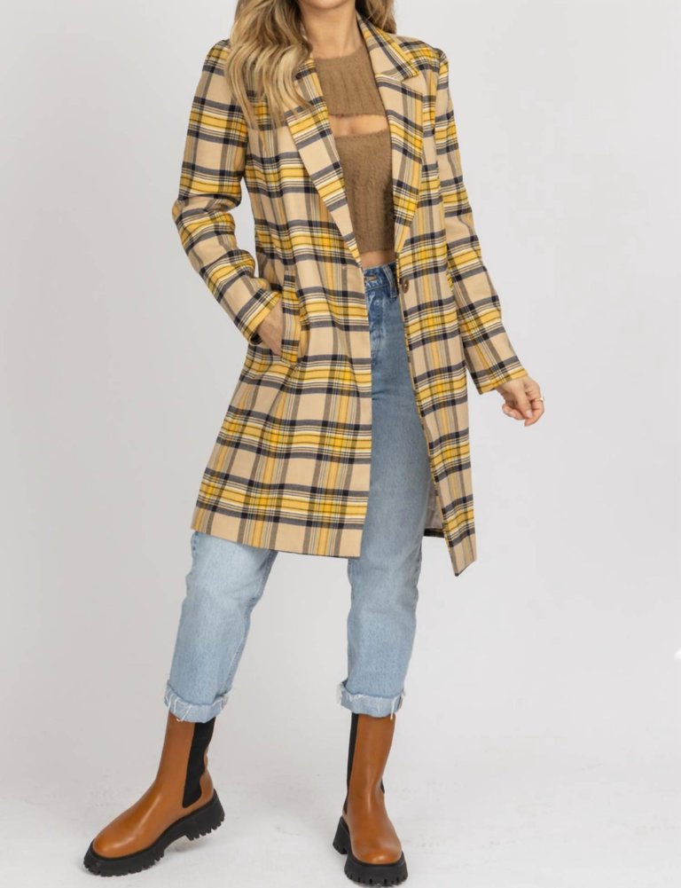 Plaid Long Coat In Taupe/Mustard - Taupe/Mustard