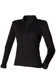 Skinni Fit Ladies/Womens Long Sleeve Stretch Polo Shirt (Black) - Black