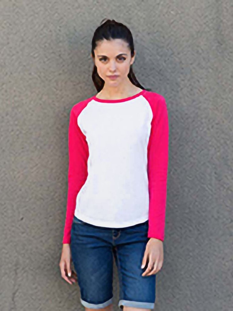 Skinnifit Womens/Ladies Long Sleeve Baseball T-Shirt (White / Hot Pink)