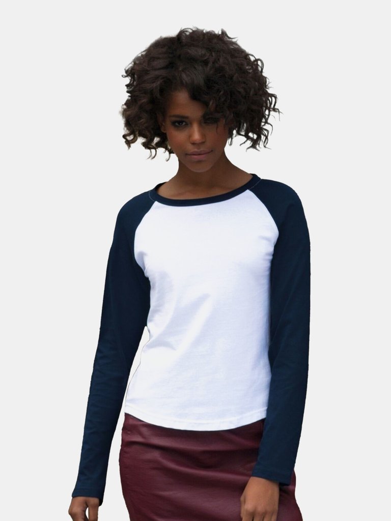 Skinnifit Womens/Ladies Long Sleeve Baseball T-Shirt (White / Oxford Navy)