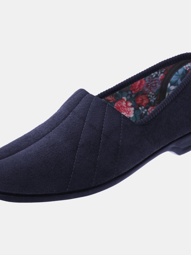 Womens/Ladies Audrey III Roll Top Velour Slippers - Navy Blue